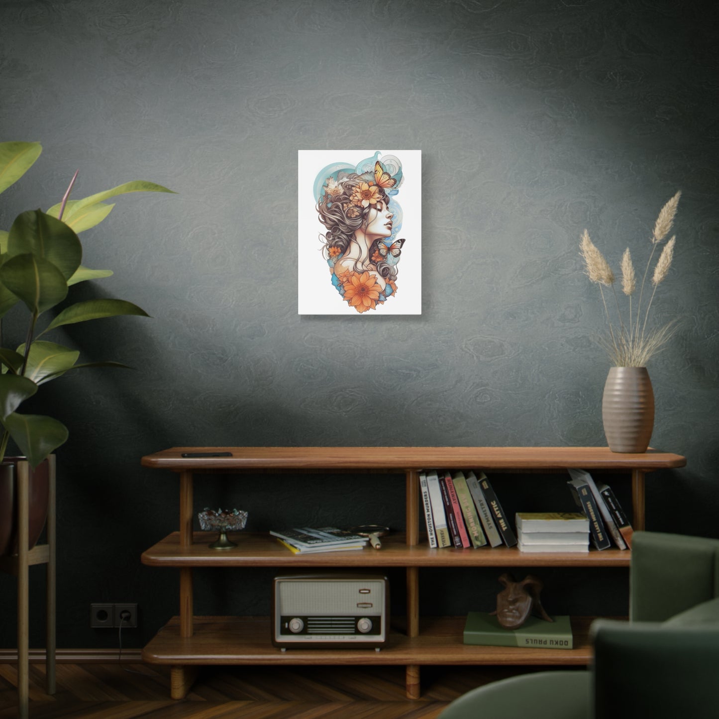Stretched Canvas Wall Art With Nature Girl Illustrative Print, with Wildflowers and Butterflies