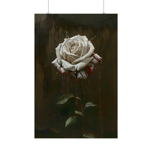 Blood Stained White Rose Print, Gothic Flower Poster, Dark Floral Painting, Dark Academia, Gothic Romance, Housewarming Gift Idea