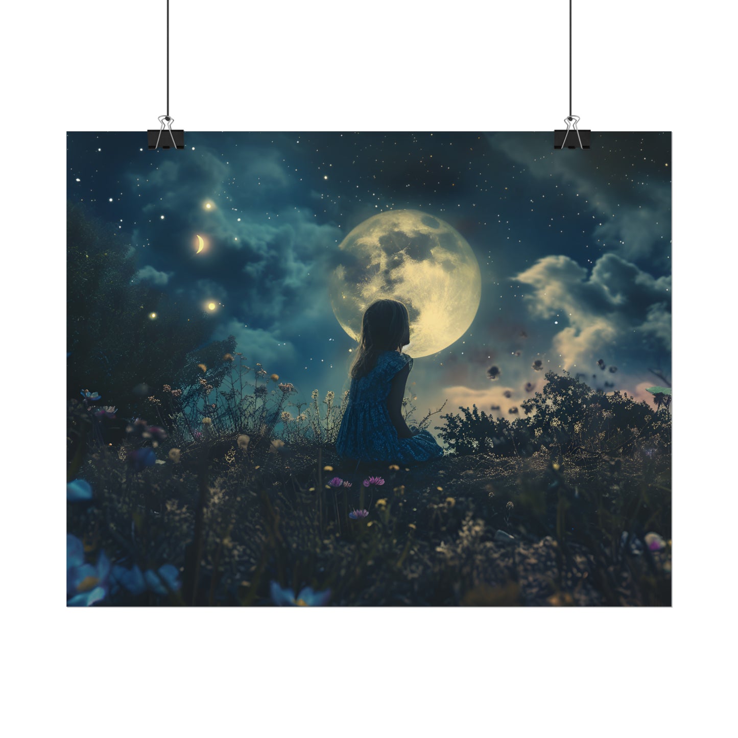 Dreamland Art Print, Starry Sky Poster, Enchanting Fantasy Landscape, Ethereal Painting, Moon and Stars Wall Art, Gift for Children's Bedroom