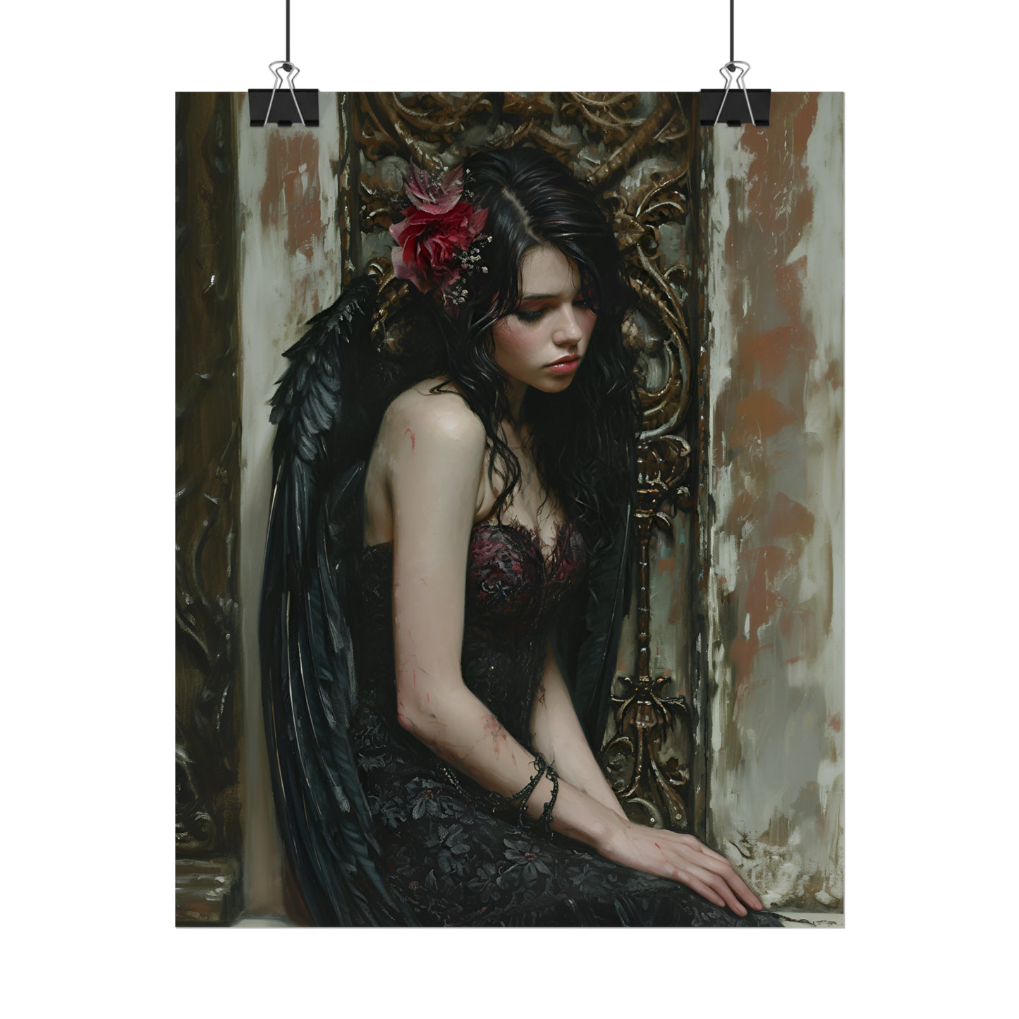 Gothic Angel Print, Dark Elegant Poster, Goth Art Oil Painting, Gift For A Goth, Dark Academia, Housewarming Gift, Gothic Wall Art