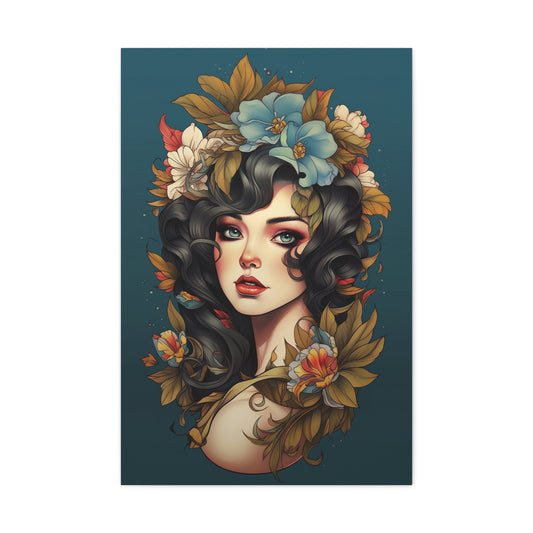 Beautiful Tattoo Inspired Canvas, Tattoo Pin-Up, Gift for Mom, Tattoo art, Artistic Canvas, Floral Art, Tattoo Lady, Wall Art,