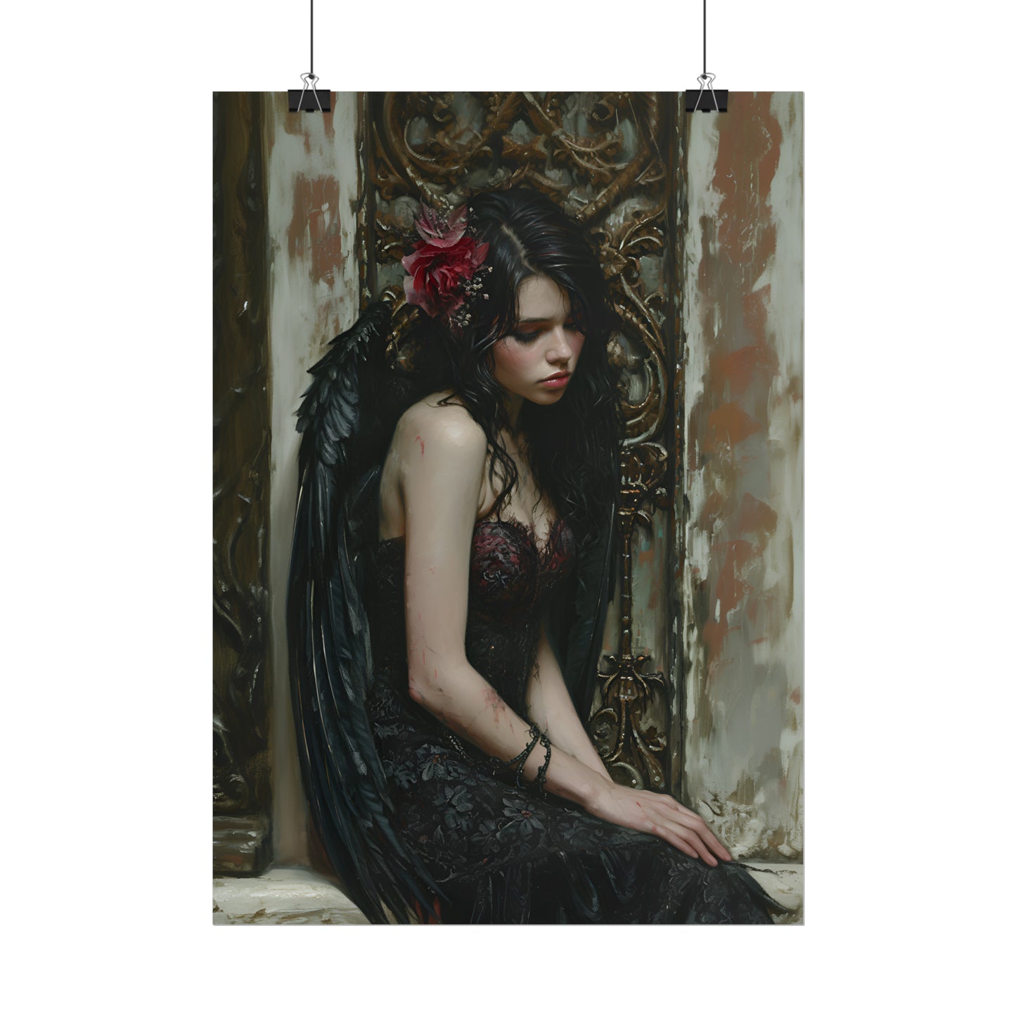 Gothic Angel Print, Dark Elegant Poster, Goth Art Oil Painting, Gift For A Goth, Dark Academia, Housewarming Gift, Gothic Wall Art
