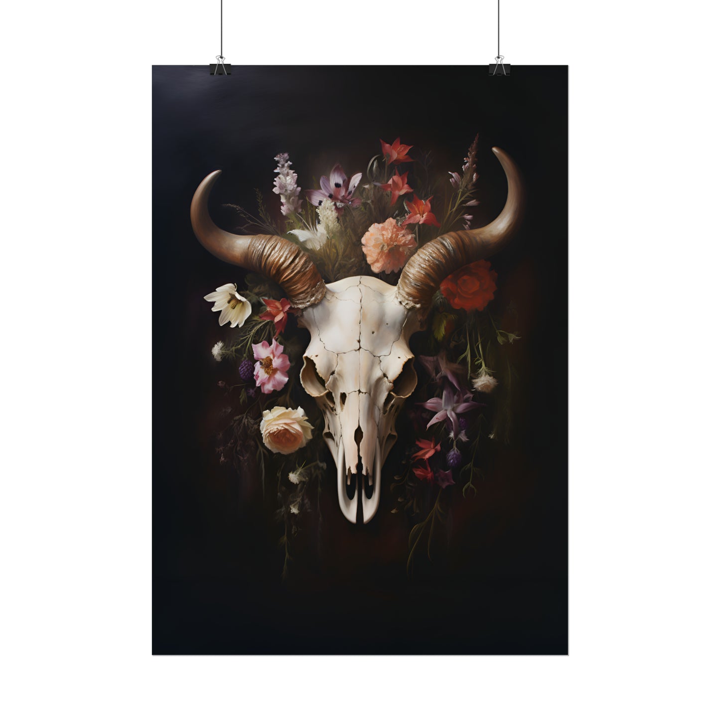 Cow Skull Wall Art, Cow Skull With Flowers, Dark Cottagecore, Gothic Home Decor, Cow Skull Print, Gift For A Goth, Housewarming