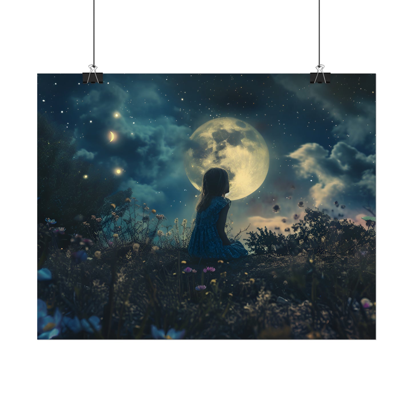 Dreamland Art Print, Starry Sky Poster, Enchanting Fantasy Landscape, Ethereal Painting, Moon and Stars Wall Art, Gift for Children's Bedroom