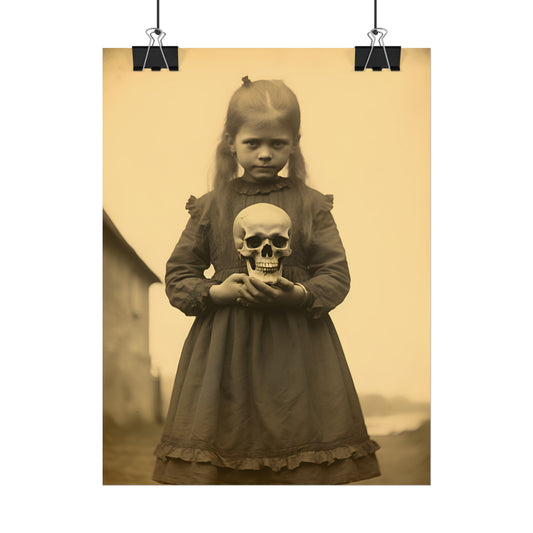 Vintage Creepy Photograph, Spooky Picture, Victorian Print, Little Girl With a Skull, Halloween Wall Decor, Dark Academia, Gothic Gift Idea