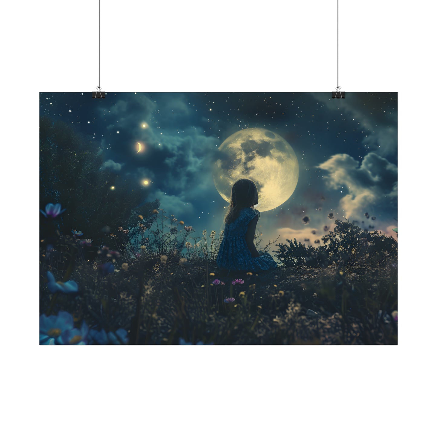 Dreamland Art Print, Starry Sky Poster, Enchanting Fantasy Landscape, Ethereal Painting, Moon and Stars Wall Art, Gift for Children's Bedroom