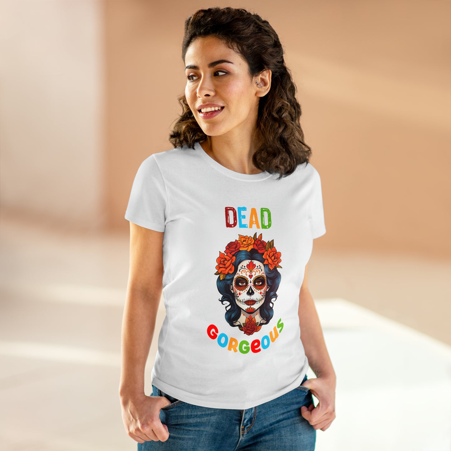 Women's Midweight Cotton T-Shirt Dead Gorgeous Day Of The Dead Lady