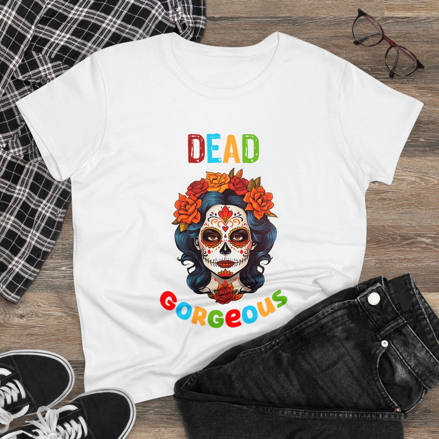 Women's Midweight Cotton T-Shirt Dead Gorgeous Day Of The Dead Lady