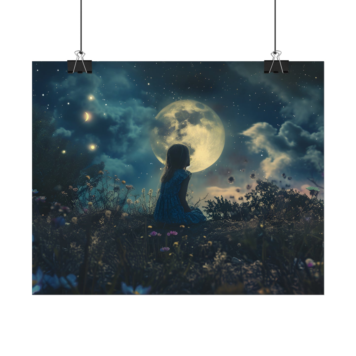 Dreamland Art Print, Starry Sky Poster, Enchanting Fantasy Landscape, Ethereal Painting, Moon and Stars Wall Art, Gift for Children's Bedroom