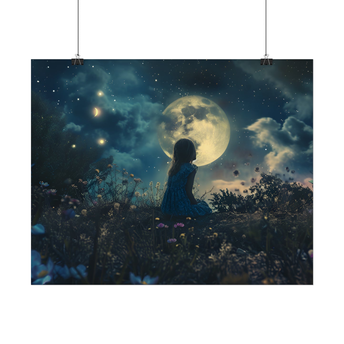 Dreamland Art Print, Starry Sky Poster, Enchanting Fantasy Landscape, Ethereal Painting, Moon and Stars Wall Art, Gift for Children's Bedroom