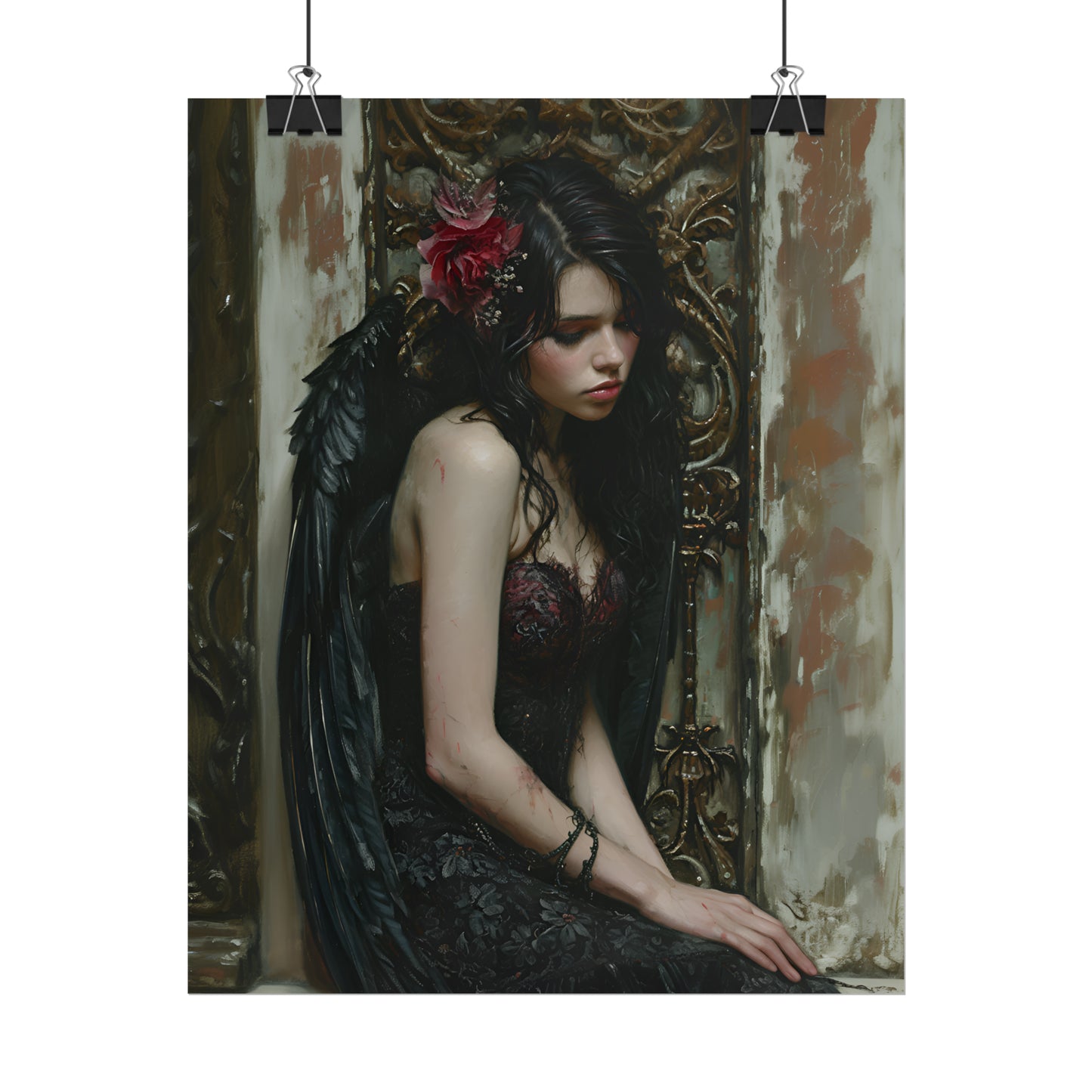 Gothic Angel Print, Dark Elegant Poster, Goth Art Oil Painting, Gift For A Goth, Dark Academia, Housewarming Gift, Gothic Wall Art