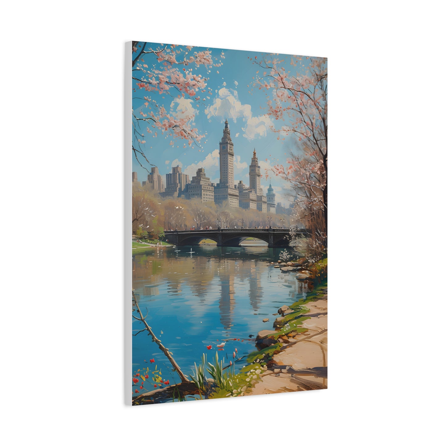Central Park in Spring Canvas, New York Painting, Pink Blossoms, Floral Wall Art, The Big Apple Oil Painting, Housewarming Gift Idea