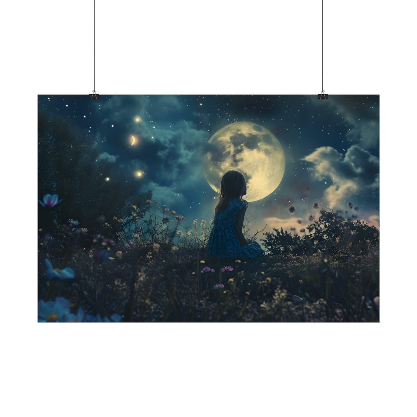 Dreamland Art Print, Starry Sky Poster, Enchanting Fantasy Landscape, Ethereal Painting, Moon and Stars Wall Art, Gift for Children's Bedroom