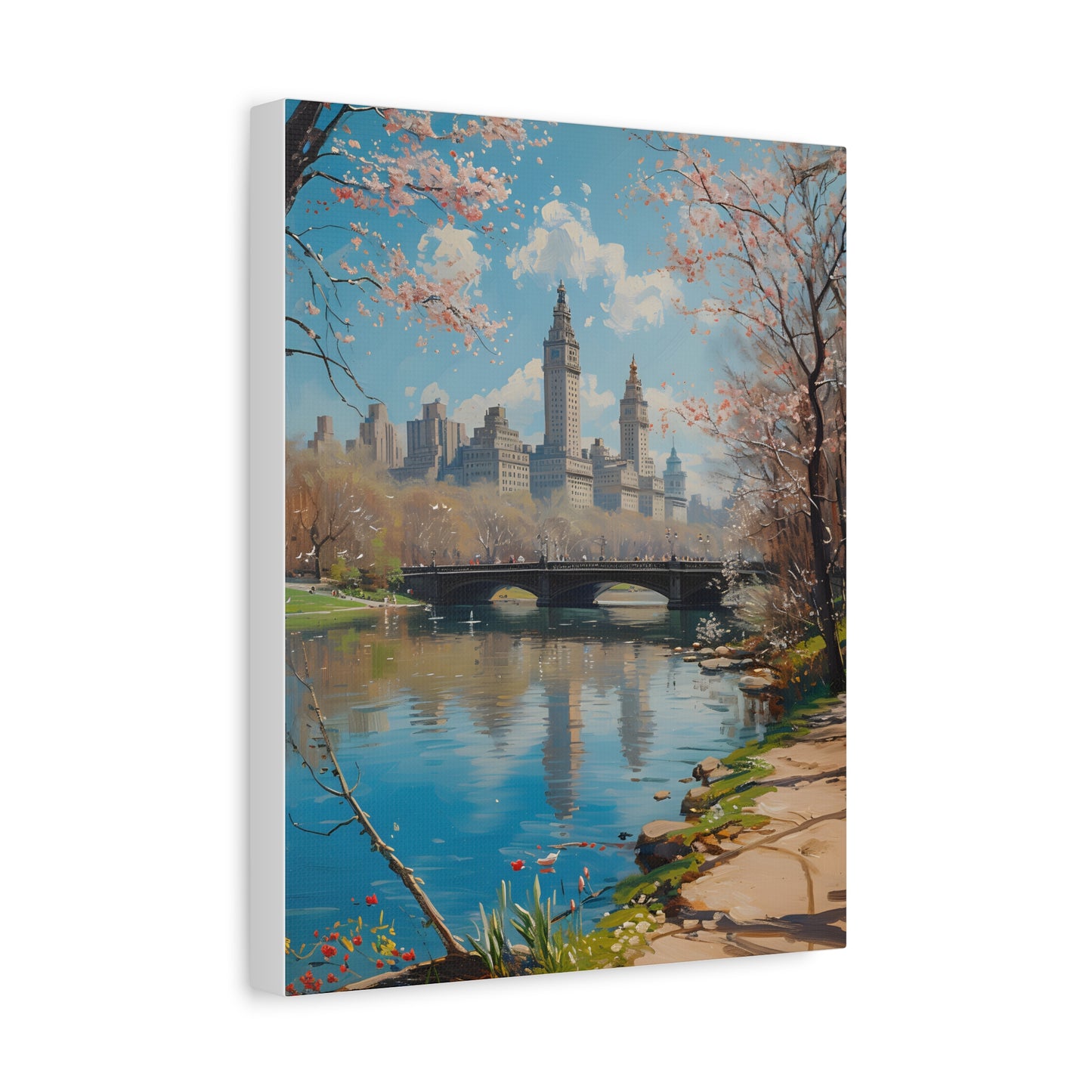 Central Park in Spring Canvas, New York Painting, Pink Blossoms, Floral Wall Art, The Big Apple Oil Painting, Housewarming Gift Idea