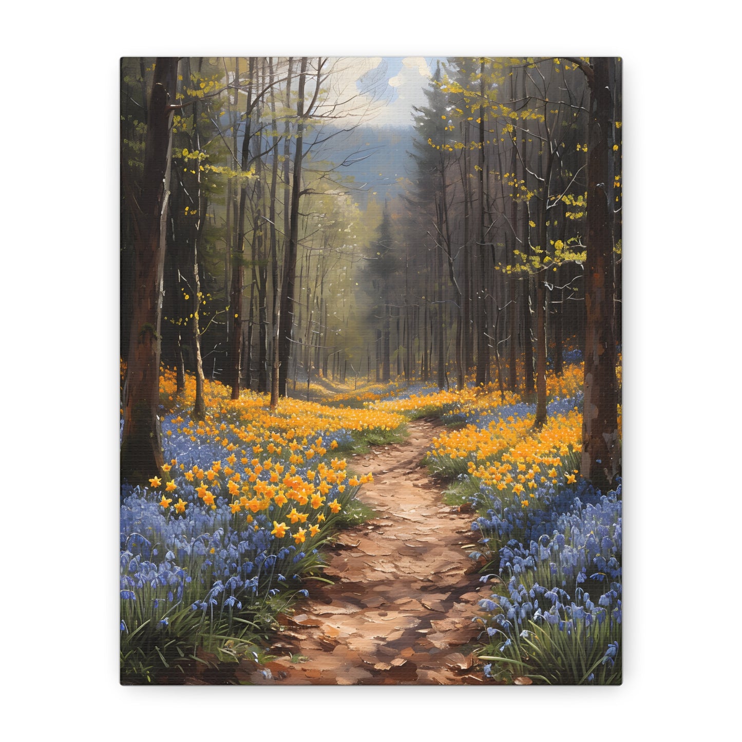 Spring flowers on a forest path Canvas, Daffodil Wall Art, Bluebells Painting, Floral Home Decor, Housewarming Gift Idea, Spring Awakening