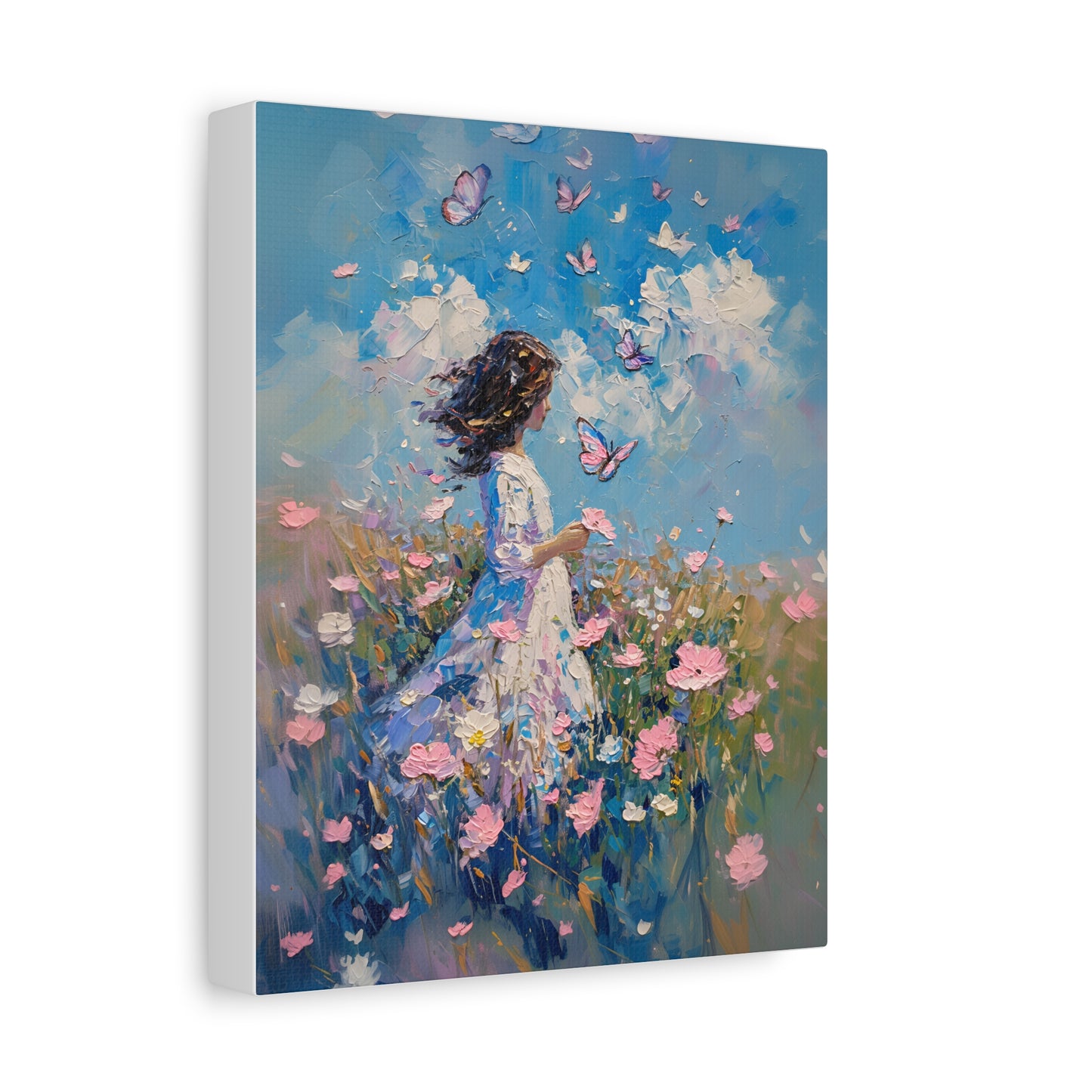 Girl With Flowers and Butterflies Art Print, Pink and Blue Floral Canvas, Monet Style Oil Painting, Beautiful Housewarming Gift Idea