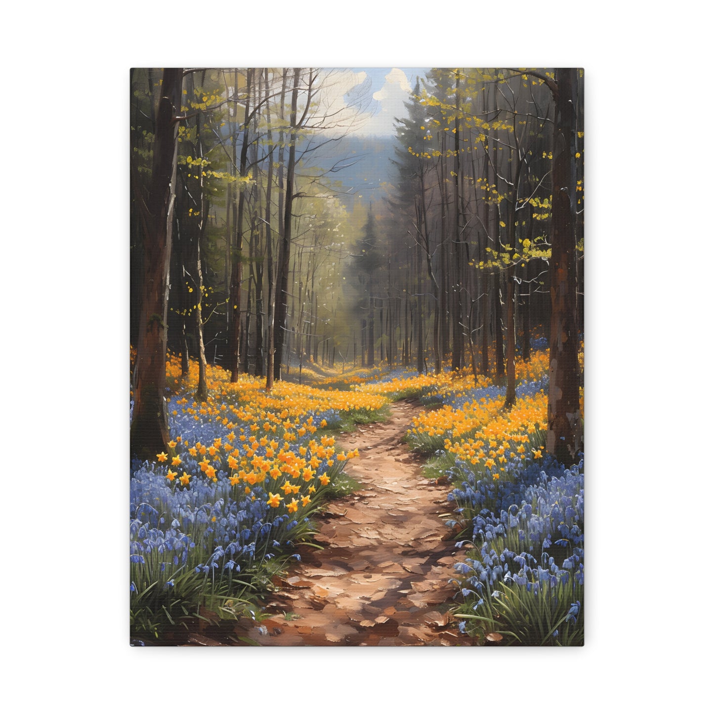 Spring flowers on a forest path Canvas, Daffodil Wall Art, Bluebells Painting, Floral Home Decor, Housewarming Gift Idea, Spring Awakening