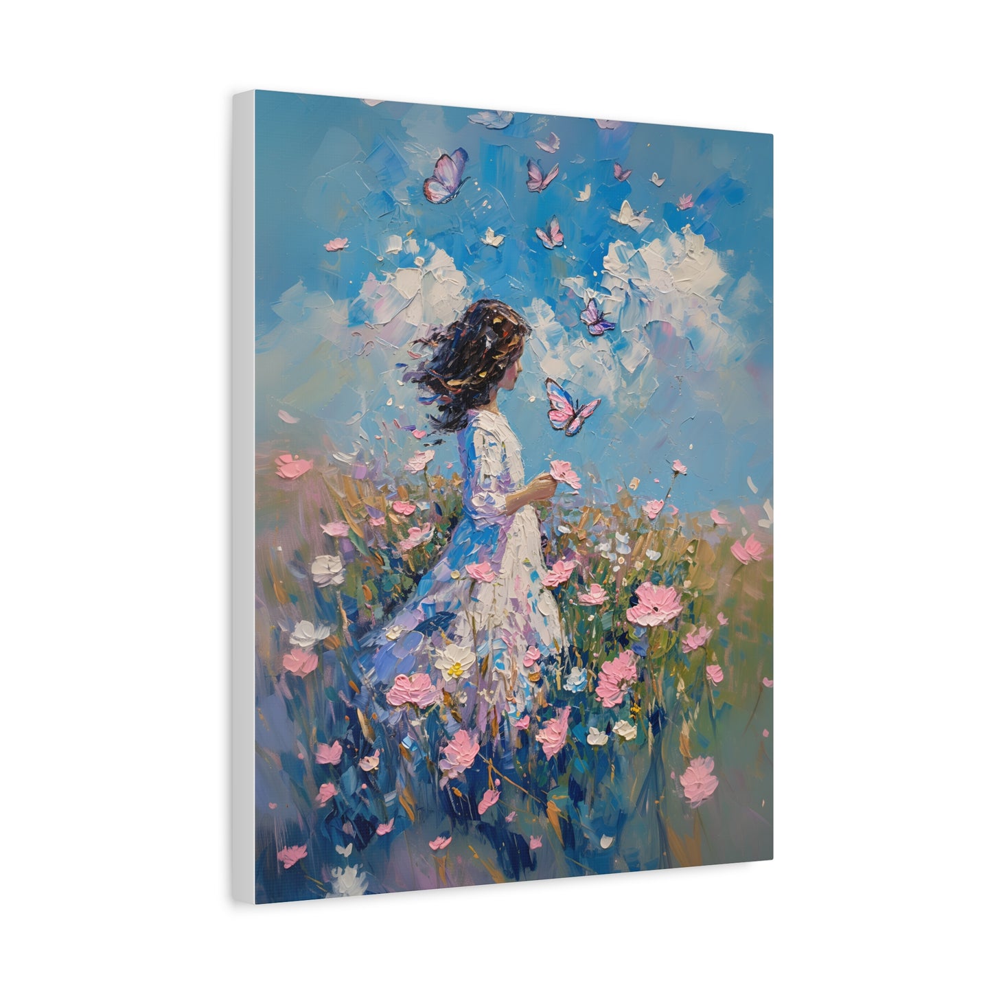 Girl With Flowers and Butterflies Art Print, Pink and Blue Floral Canvas, Monet Style Oil Painting, Beautiful Housewarming Gift Idea