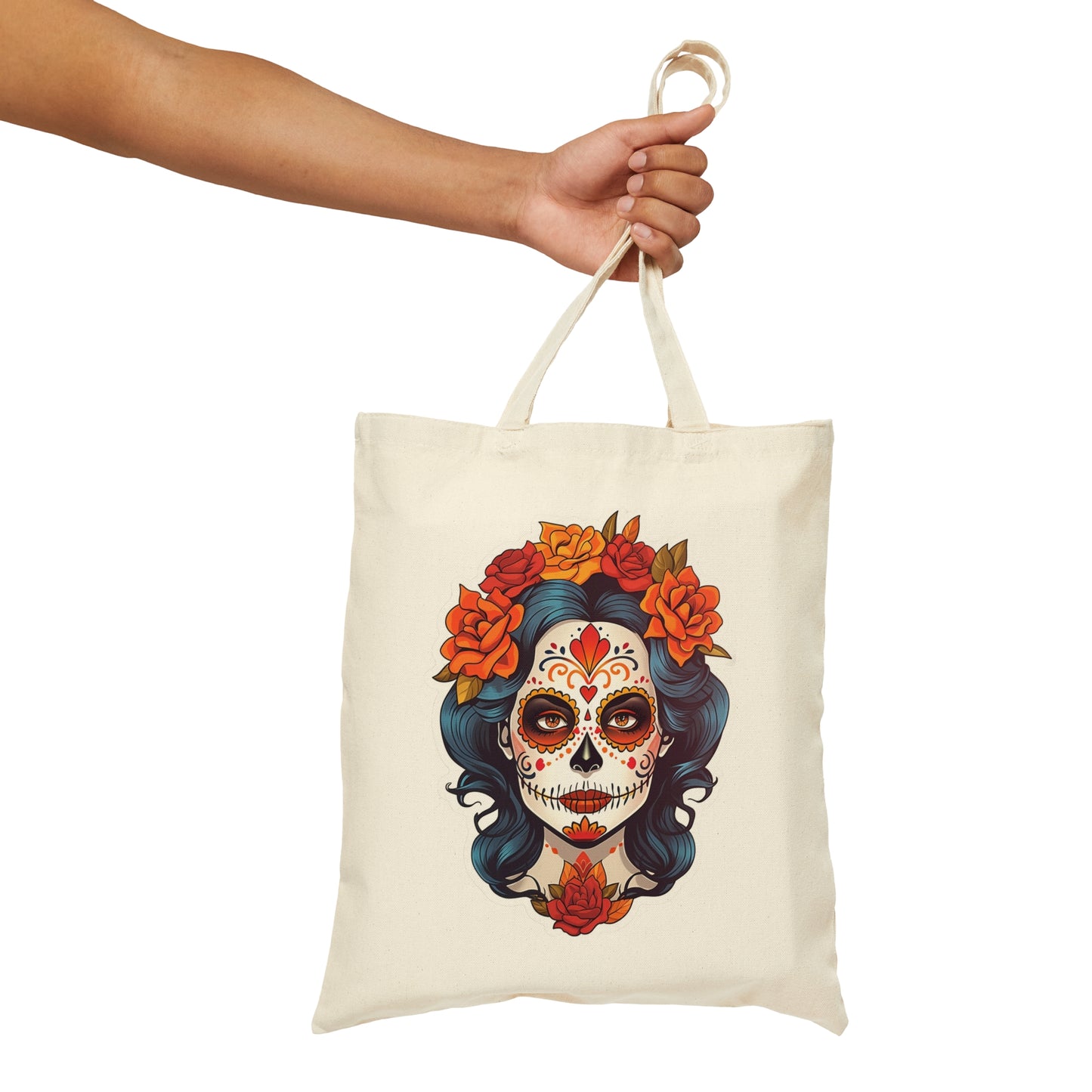 Cotton Canvas Tote Bag Featuring Day Of The Dead Lady Design