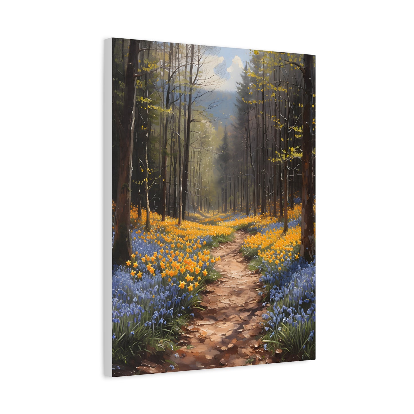 Spring flowers on a forest path Canvas, Daffodil Wall Art, Bluebells Painting, Floral Home Decor, Housewarming Gift Idea, Spring Awakening