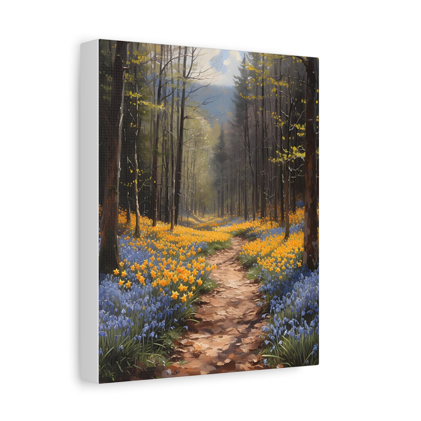 Spring flowers on a forest path Canvas, Daffodil Wall Art, Bluebells Painting, Floral Home Decor, Housewarming Gift Idea, Spring Awakening