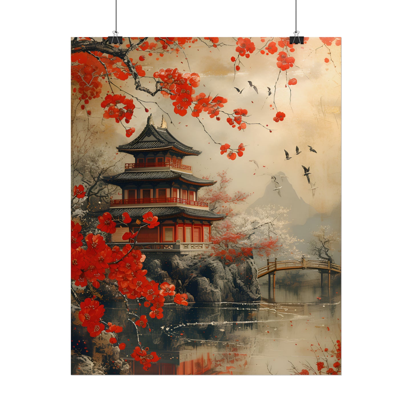 Vintage Japanese Art, Cherry Blossom Wall Art, Asian Landscape Print, Gift For Housewarming, Japan Painting,