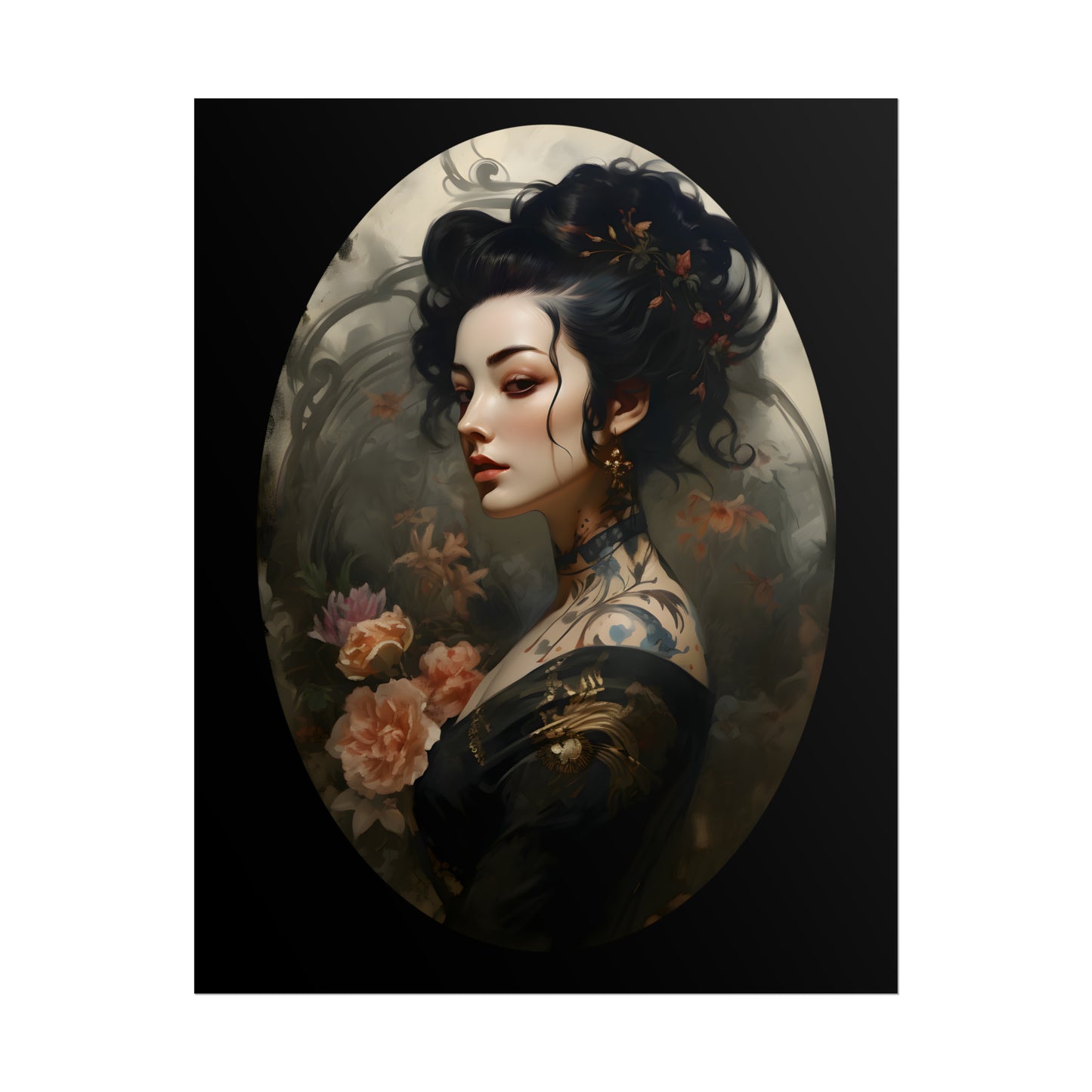 Oriental Lady Print, Geisha Poster, Japanese Tattoo, Asian Art, Oriental Art Print, Floral Wall Art Decor, Japanese Flower Art