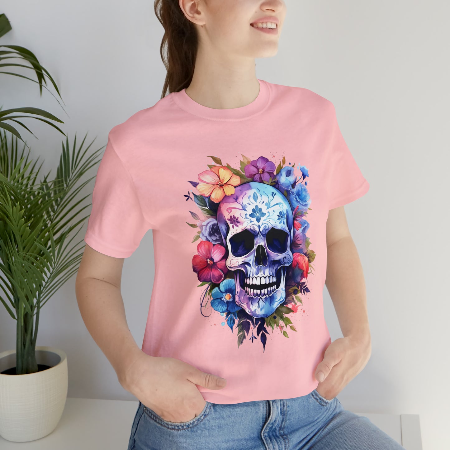 Women's T-Shirt, Skull T-Shirt, Skulls and Flowers, Watercolor Skull, Floral T-Shirt, Gift for mom, Gift for Wife, Girlfriend Gift