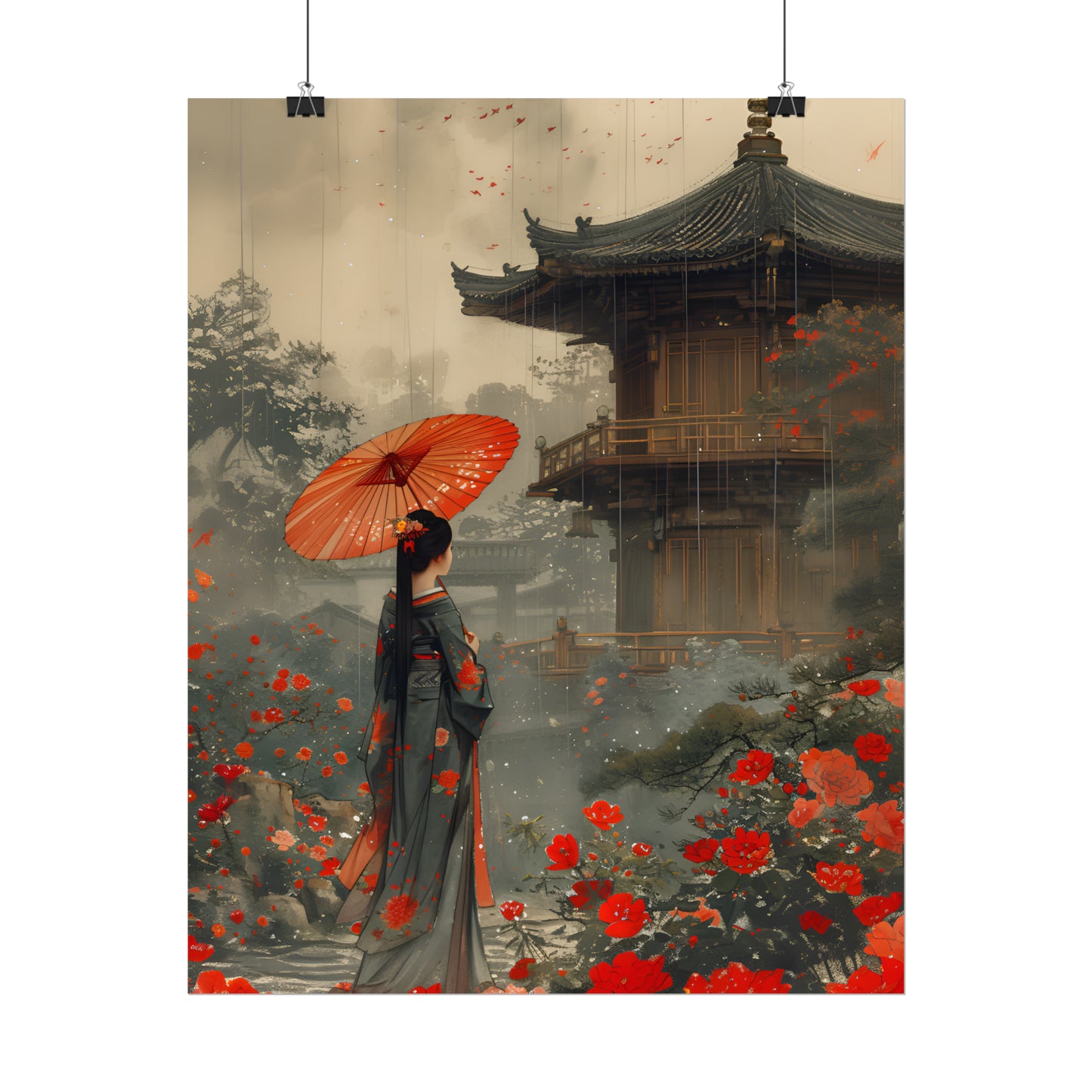 Vintage Japanese Art, Geisha Wall Art, Asian Landscape Print, Gift For Housewarming, Japan Painting, Geisha Poster