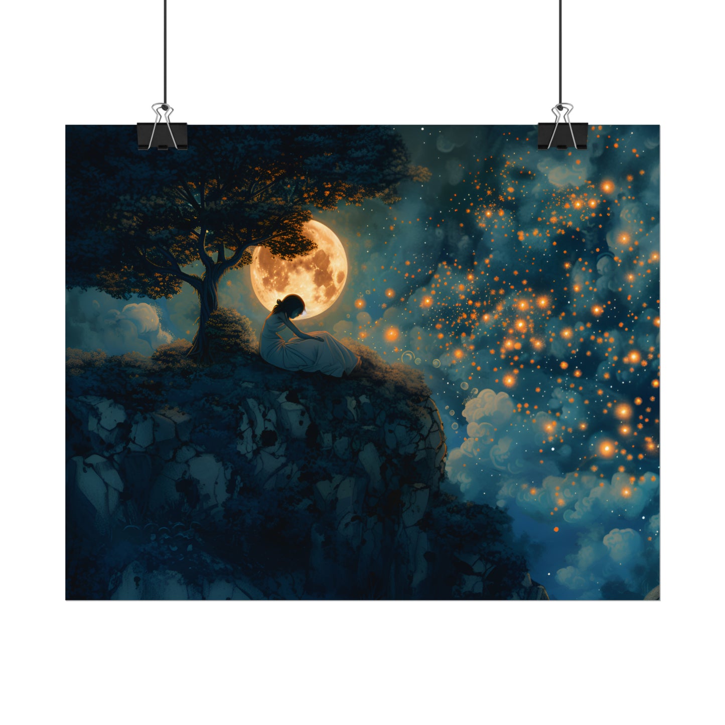 Celestial Starry Sky Poster, Enchanting Fantasy Landscape, Ethereal Painting, Moon and Stars Wall Art, Gift for Children's Bedroom