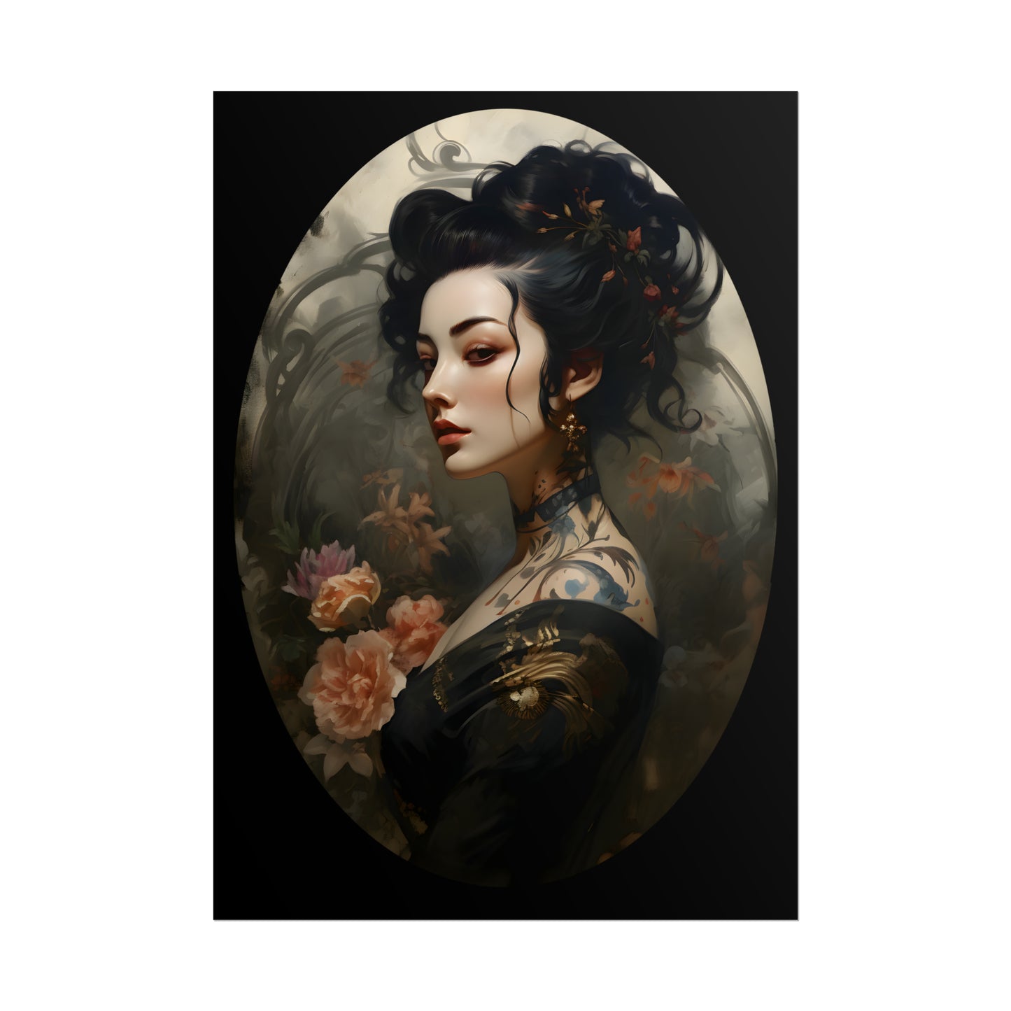 Oriental Lady Print, Geisha Poster, Japanese Tattoo, Asian Art, Oriental Art Print, Floral Wall Art Decor, Japanese Flower Art