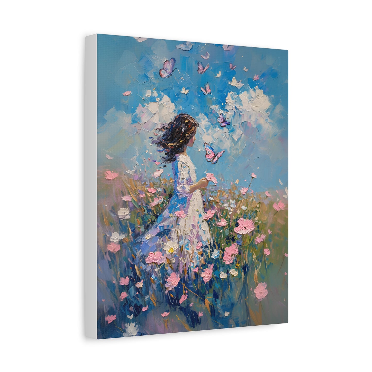 Girl With Flowers and Butterflies Art Print, Pink and Blue Floral Canvas, Monet Style Oil Painting, Beautiful Housewarming Gift Idea