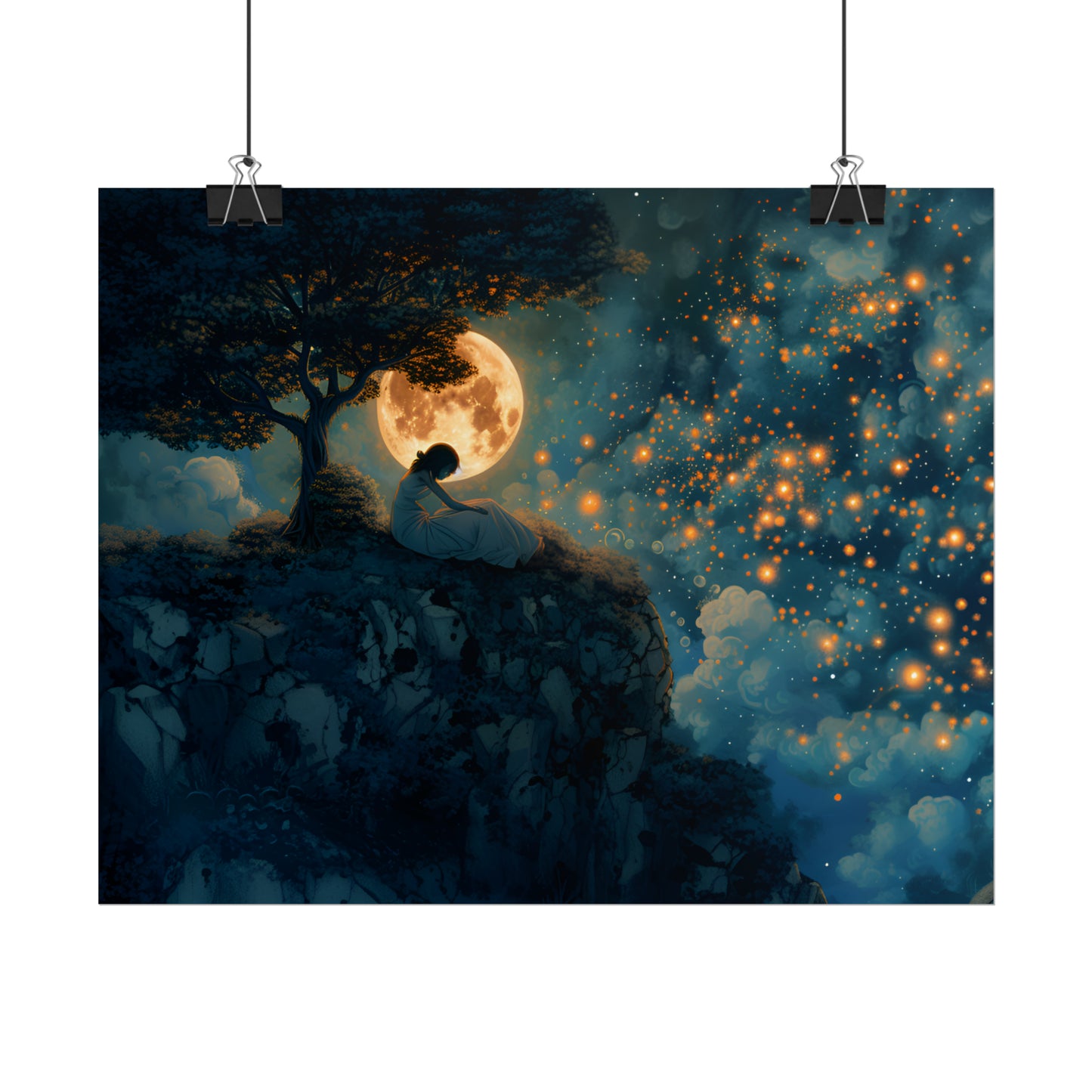 Celestial Starry Sky Poster, Enchanting Fantasy Landscape, Ethereal Painting, Moon and Stars Wall Art, Gift for Children's Bedroom