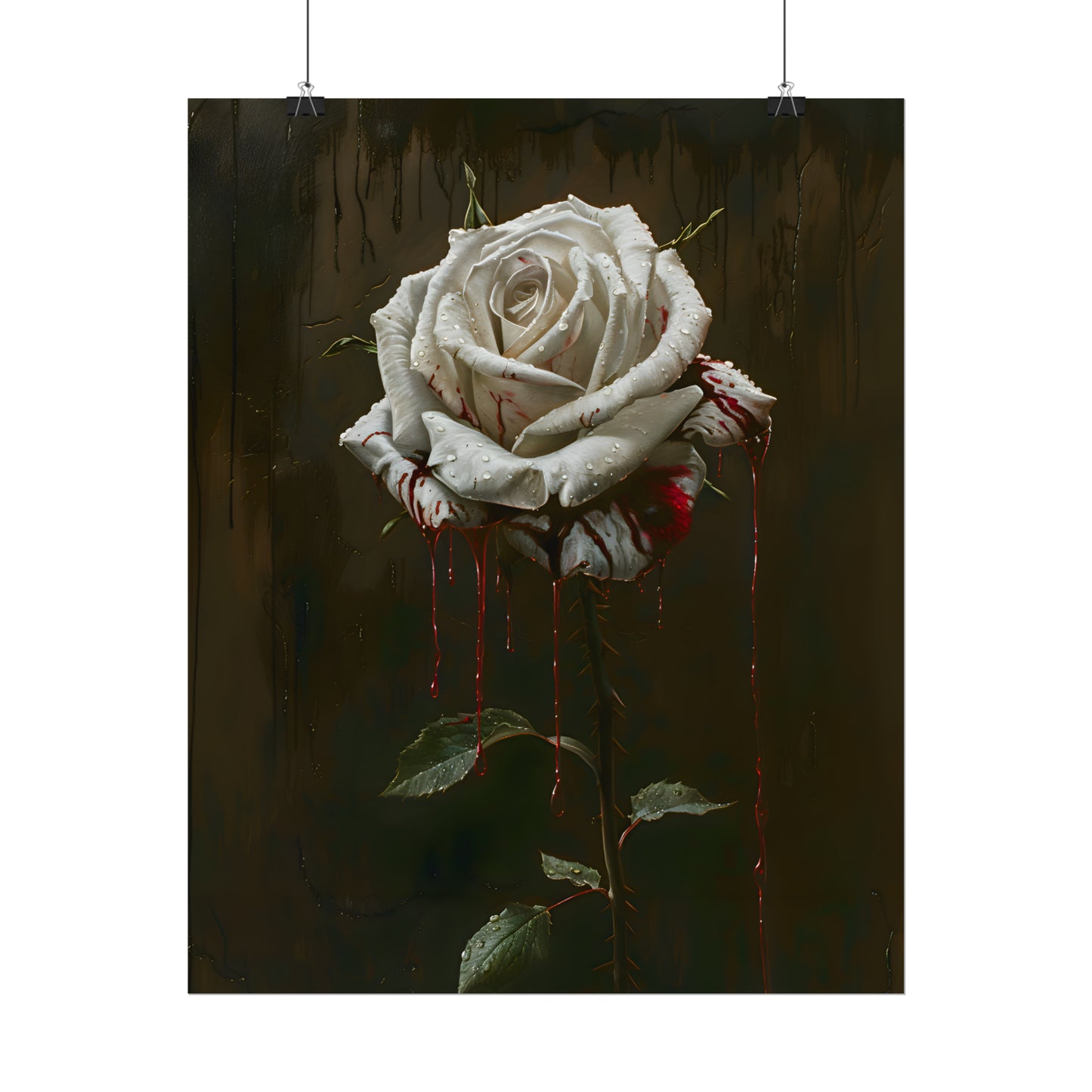 Blood Stained White Rose Print, Gothic Flower Poster, Dark Floral Painting, Dark Academia, Gothic Romance, Housewarming Gift Idea