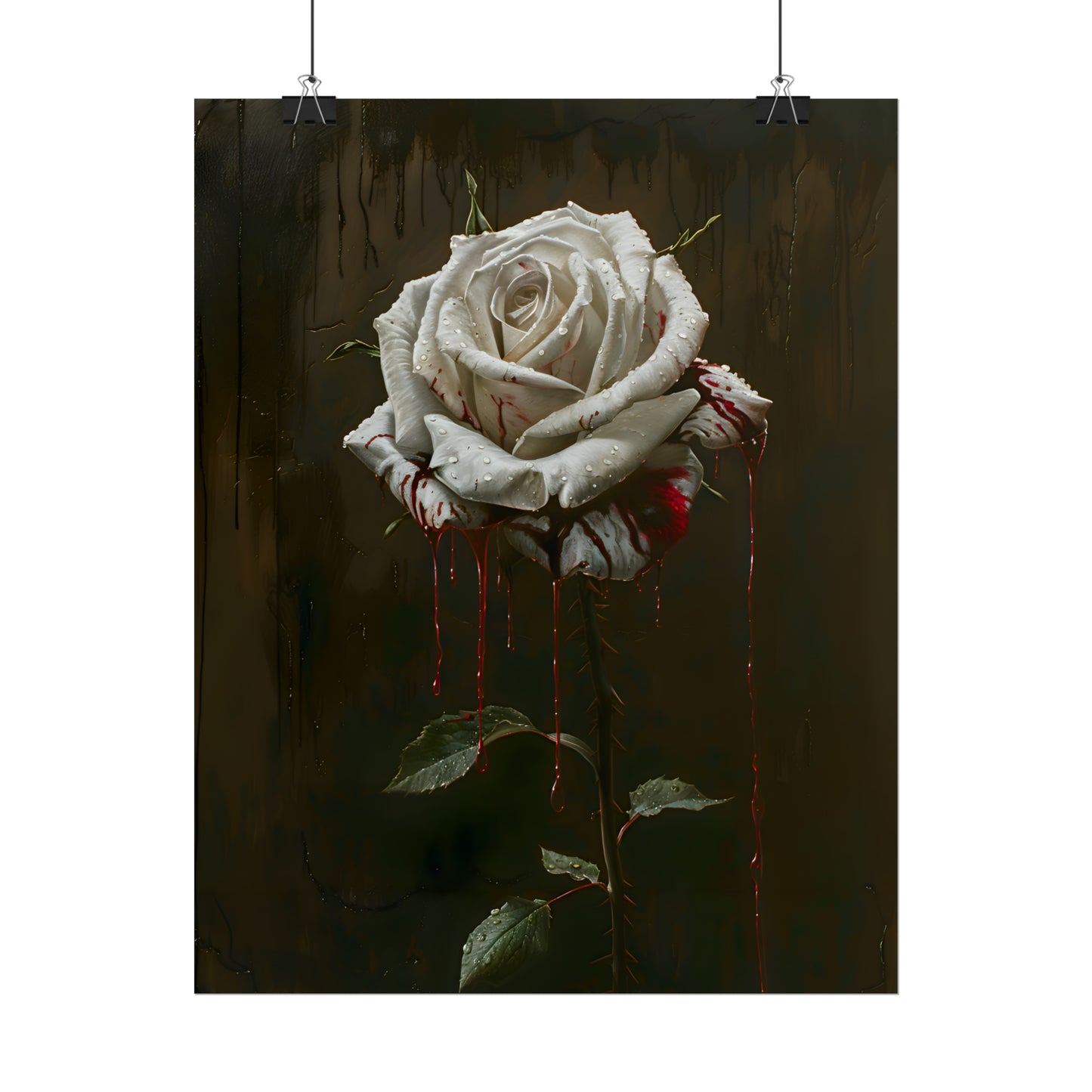 Blood Stained White Rose Print, Gothic Flower Poster, Dark Floral Painting, Dark Academia, Gothic Romance, Housewarming Gift Idea