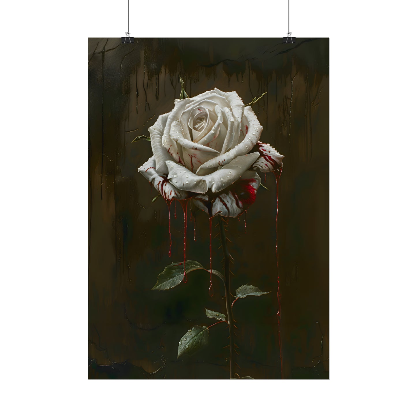 Blood Stained White Rose Print, Gothic Flower Poster, Dark Floral Painting, Dark Academia, Gothic Romance, Housewarming Gift Idea