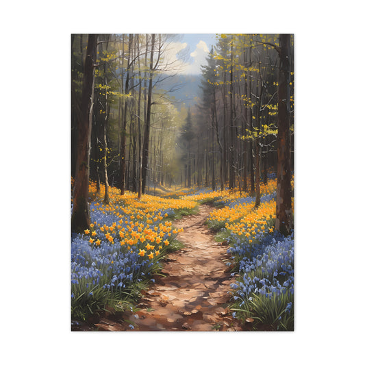 Spring flowers on a forest path Canvas, Daffodil Wall Art, Bluebells Painting, Floral Home Decor, Housewarming Gift Idea, Spring Awakening