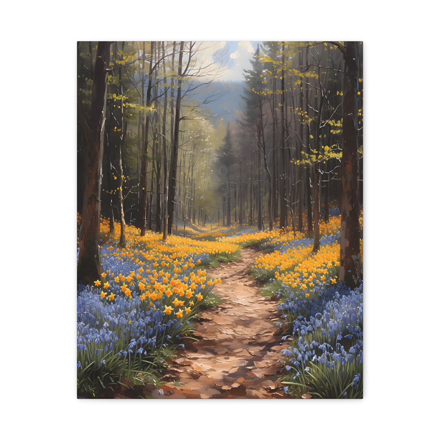 Spring flowers on a forest path Canvas, Daffodil Wall Art, Bluebells Painting, Floral Home Decor, Housewarming Gift Idea, Spring Awakening