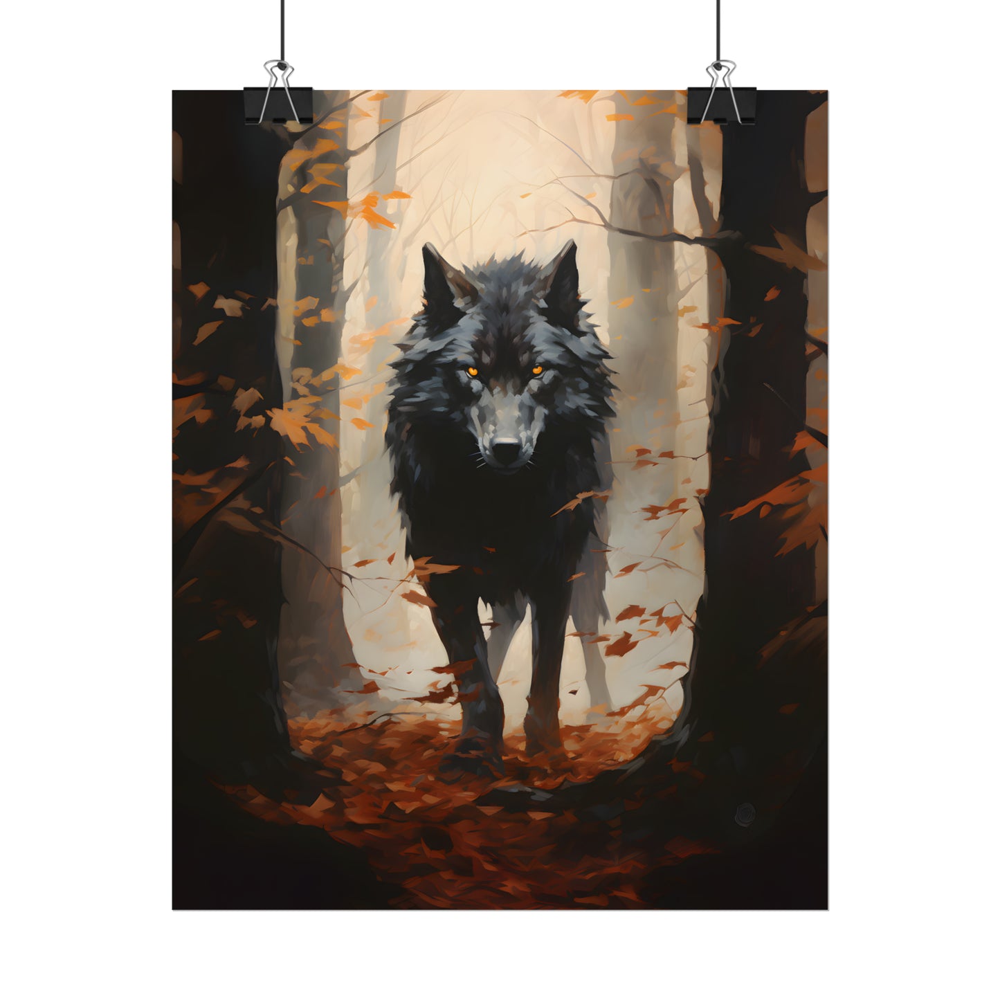 Wolf Poster, Autumn Forest Print, Forest Wall Art, Autumn Leaves, Gothic Home Decor, Wolf Oil Painting Print, Gothic Gift For