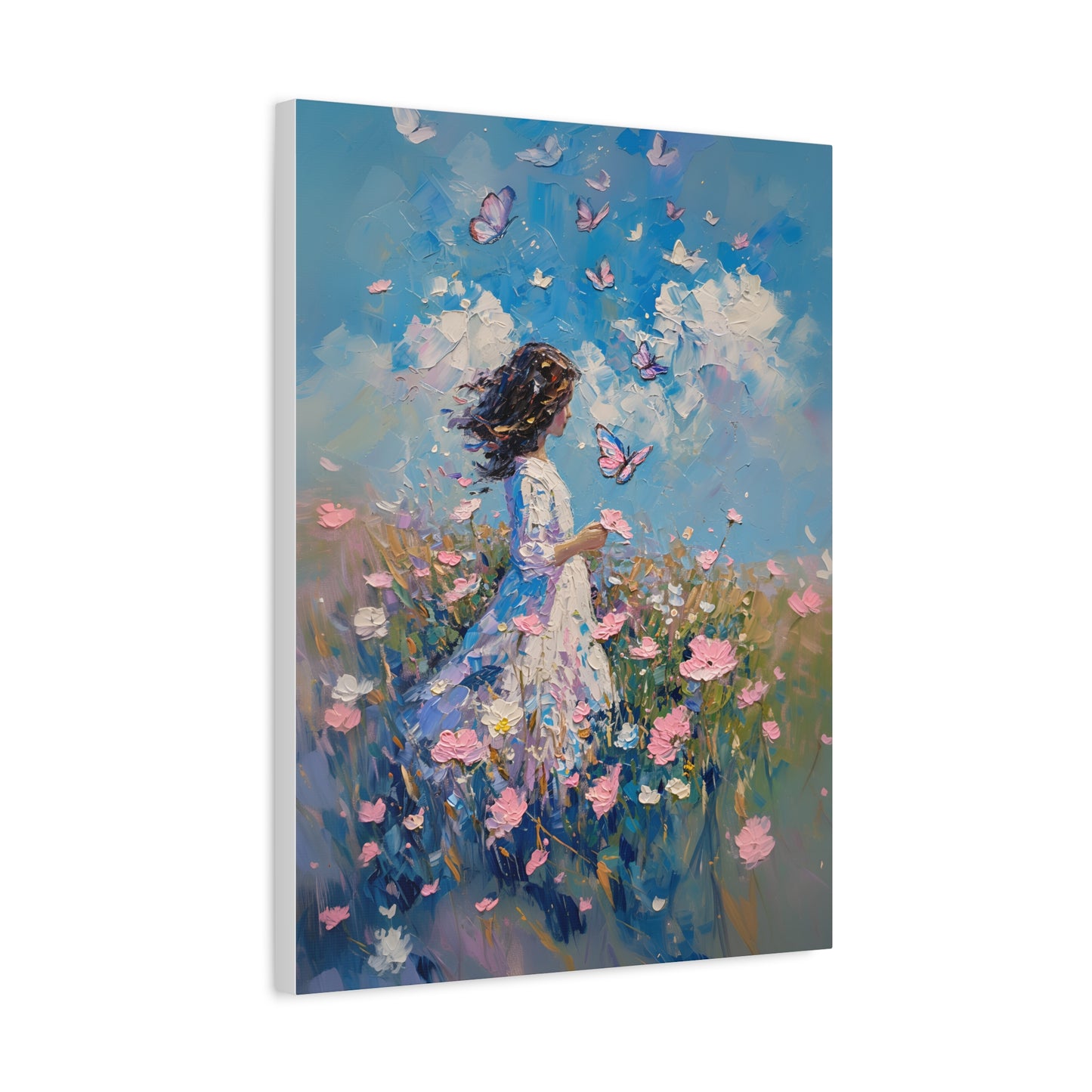 Girl With Flowers and Butterflies Art Print, Pink and Blue Floral Canvas, Monet Style Oil Painting, Beautiful Housewarming Gift Idea