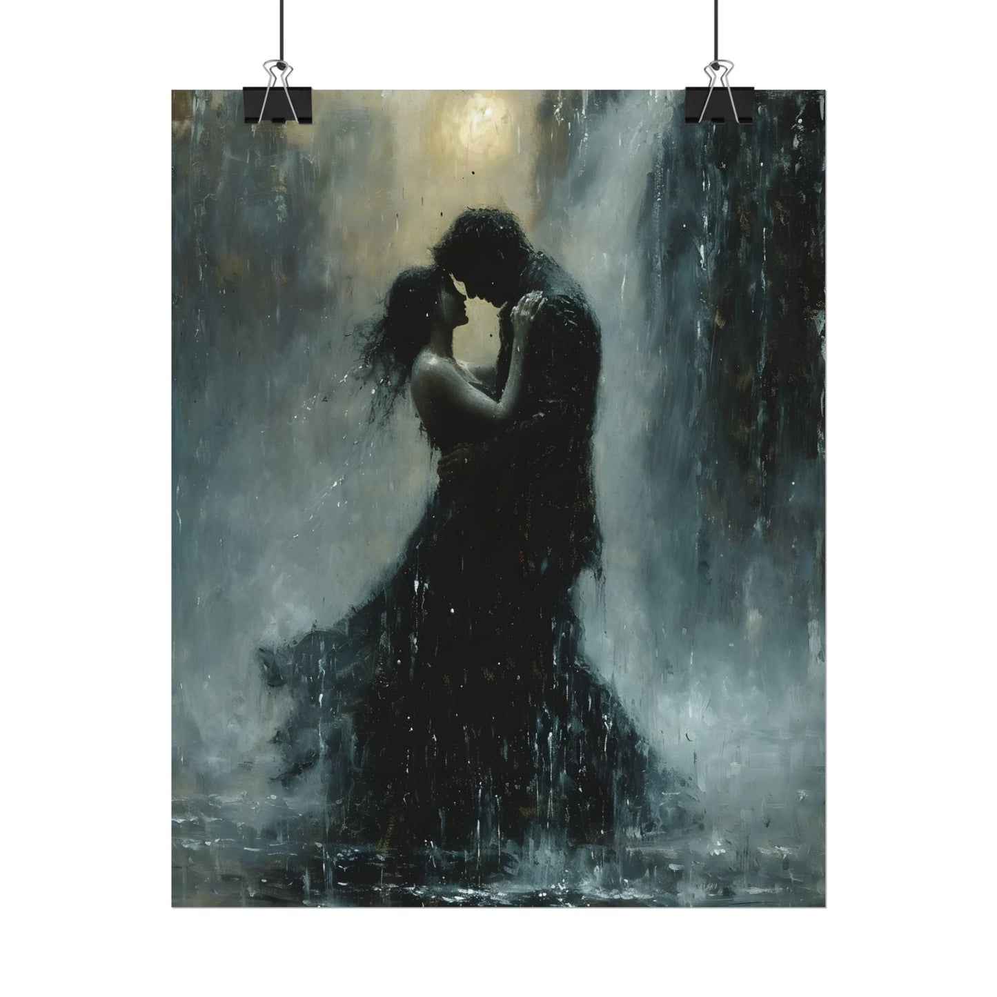 Romantic Poster, Dark Moody Painting, Waterfall Print, Gift For Couples, Gothic Romance Wall Art, Goth Wall Decor