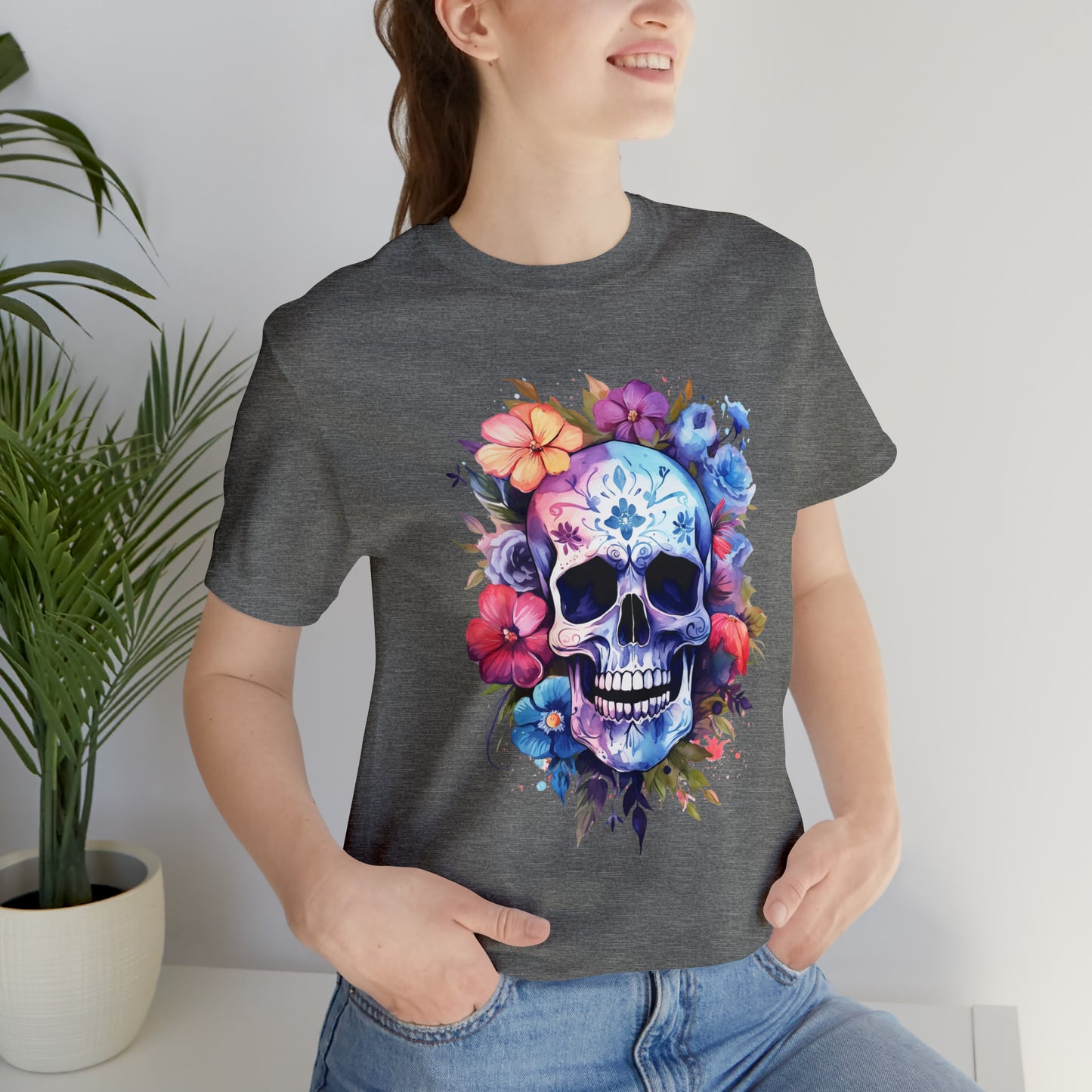 Women's T-Shirt, Skull T-Shirt, Skulls and Flowers, Watercolor Skull, Floral T-Shirt, Gift for mom, Gift for Wife, Girlfriend Gift