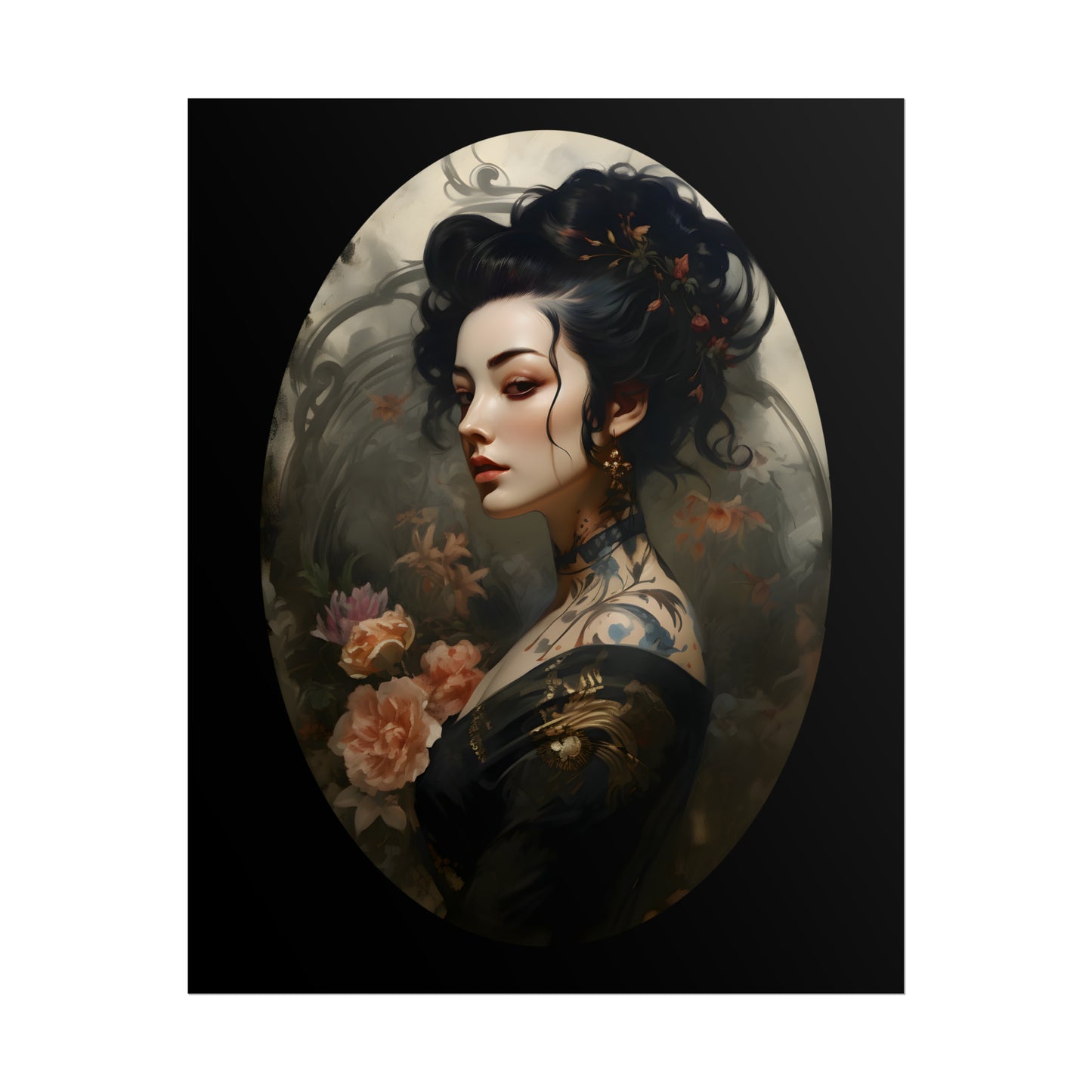 Oriental Lady Print, Geisha Poster, Japanese Tattoo, Asian Art, Oriental Art Print, Floral Wall Art Decor, Japanese Flower Art