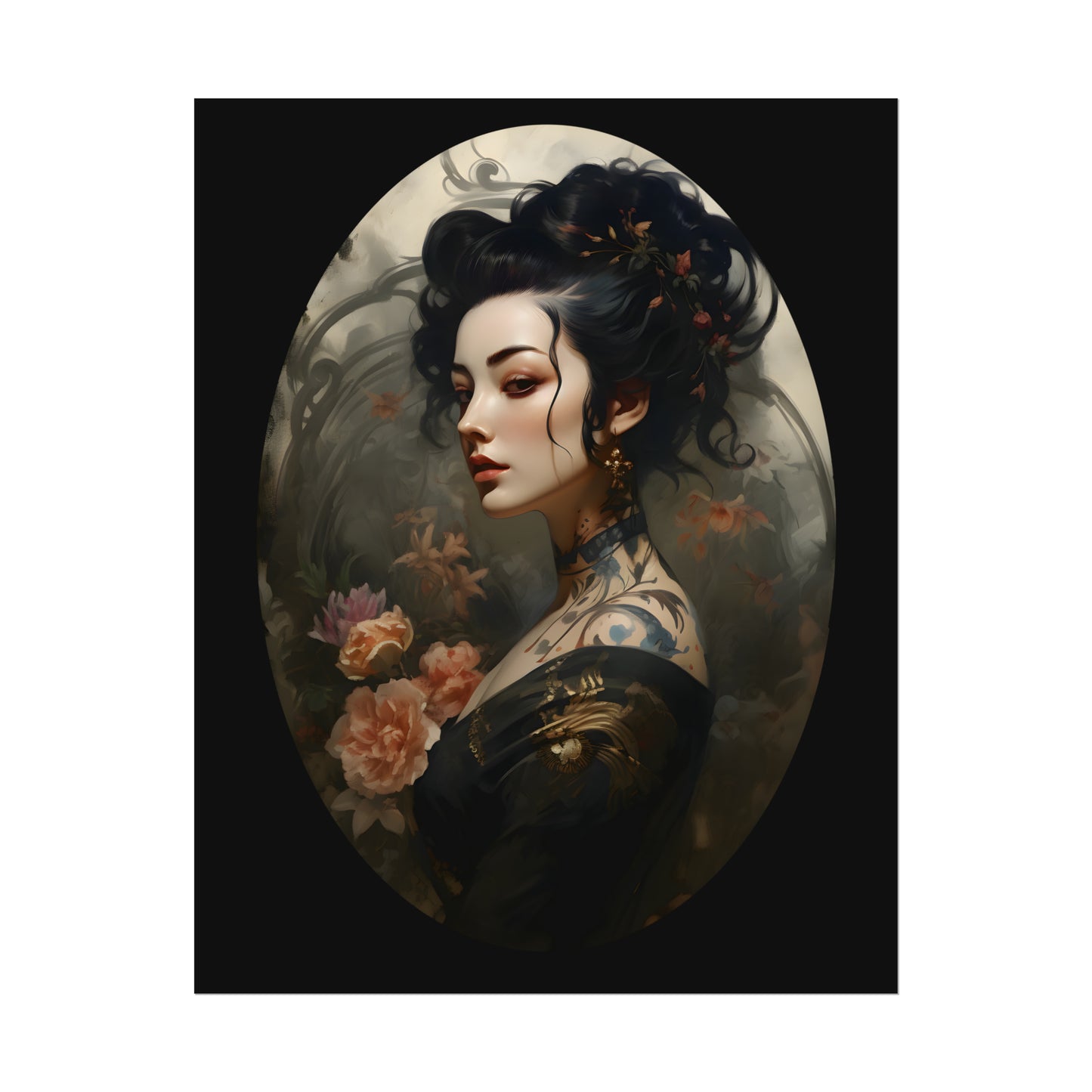 Oriental Lady Print, Geisha Poster, Japanese Tattoo, Asian Art, Oriental Art Print, Floral Wall Art Decor, Japanese Flower Art