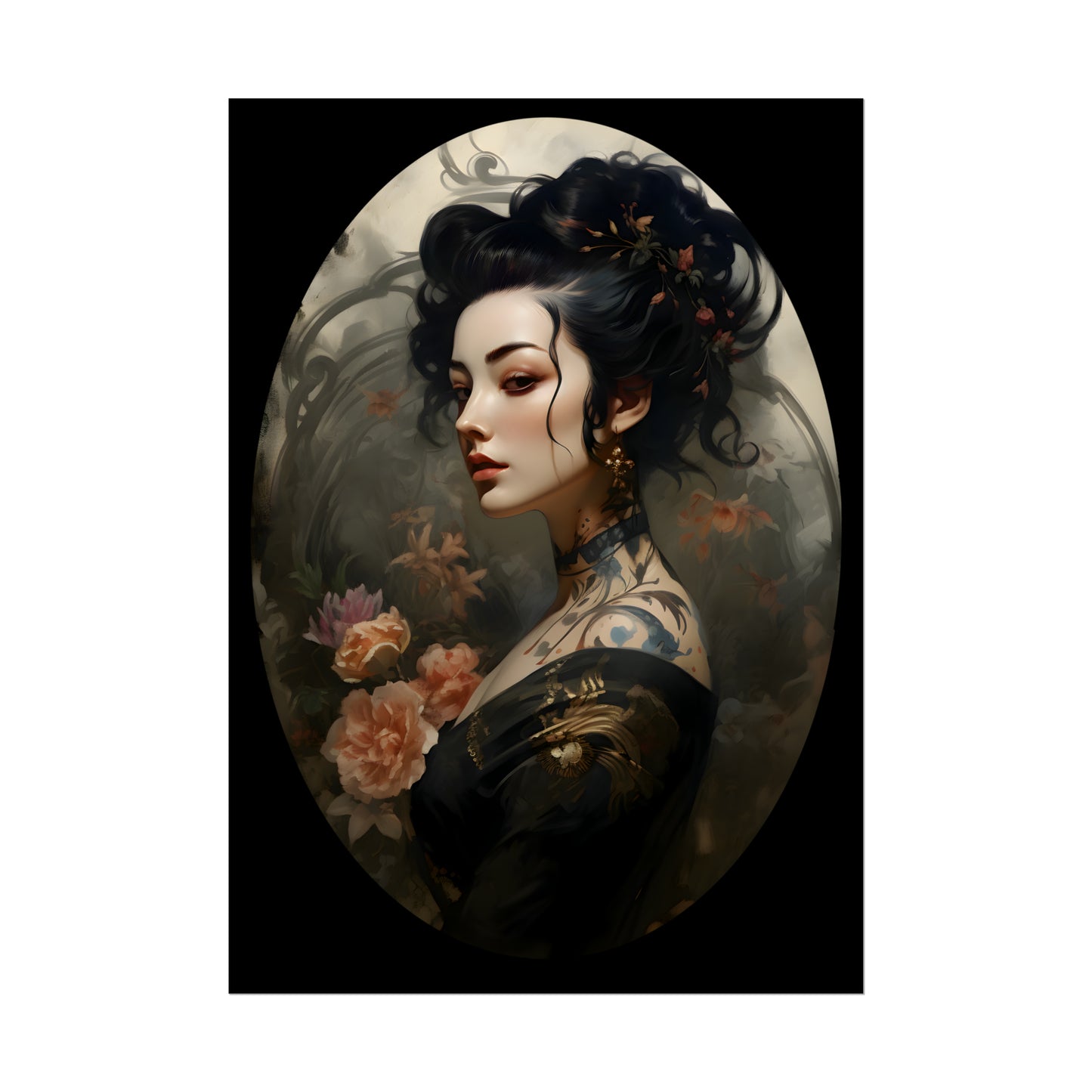 Oriental Lady Print, Geisha Poster, Japanese Tattoo, Asian Art, Oriental Art Print, Floral Wall Art Decor, Japanese Flower Art