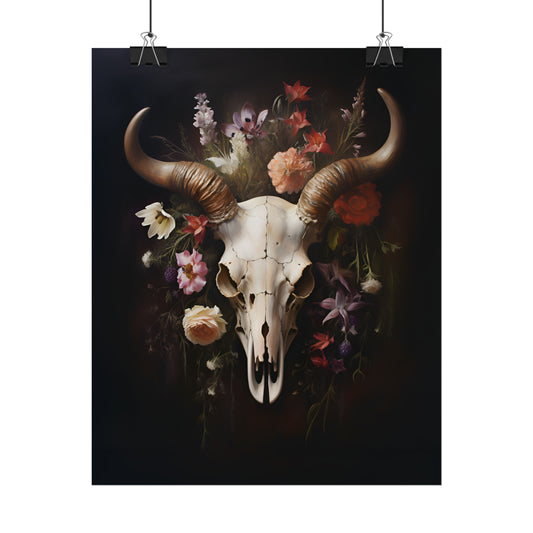 Cow Skull Wall Art, Cow Skull With Flowers, Dark Cottagecore, Gothic Home Decor, Cow Skull Print, Gift For A Goth, Housewarming