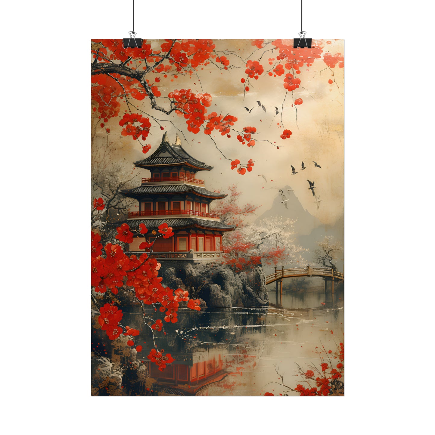 Vintage Japanese Art, Cherry Blossom Wall Art, Asian Landscape Print, Gift For Housewarming, Japan Painting,