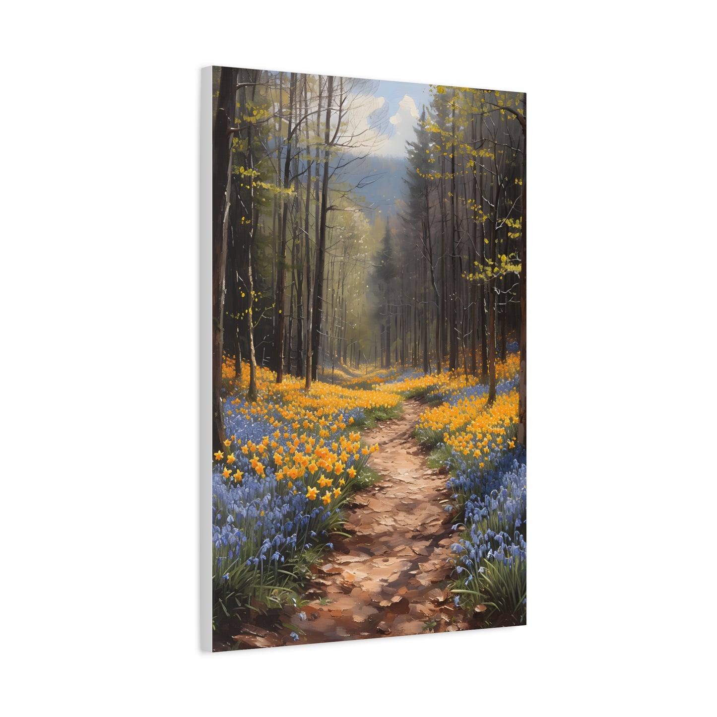 Spring flowers on a forest path Canvas, Daffodil Wall Art, Bluebells Painting, Floral Home Decor, Housewarming Gift Idea, Spring Awakening