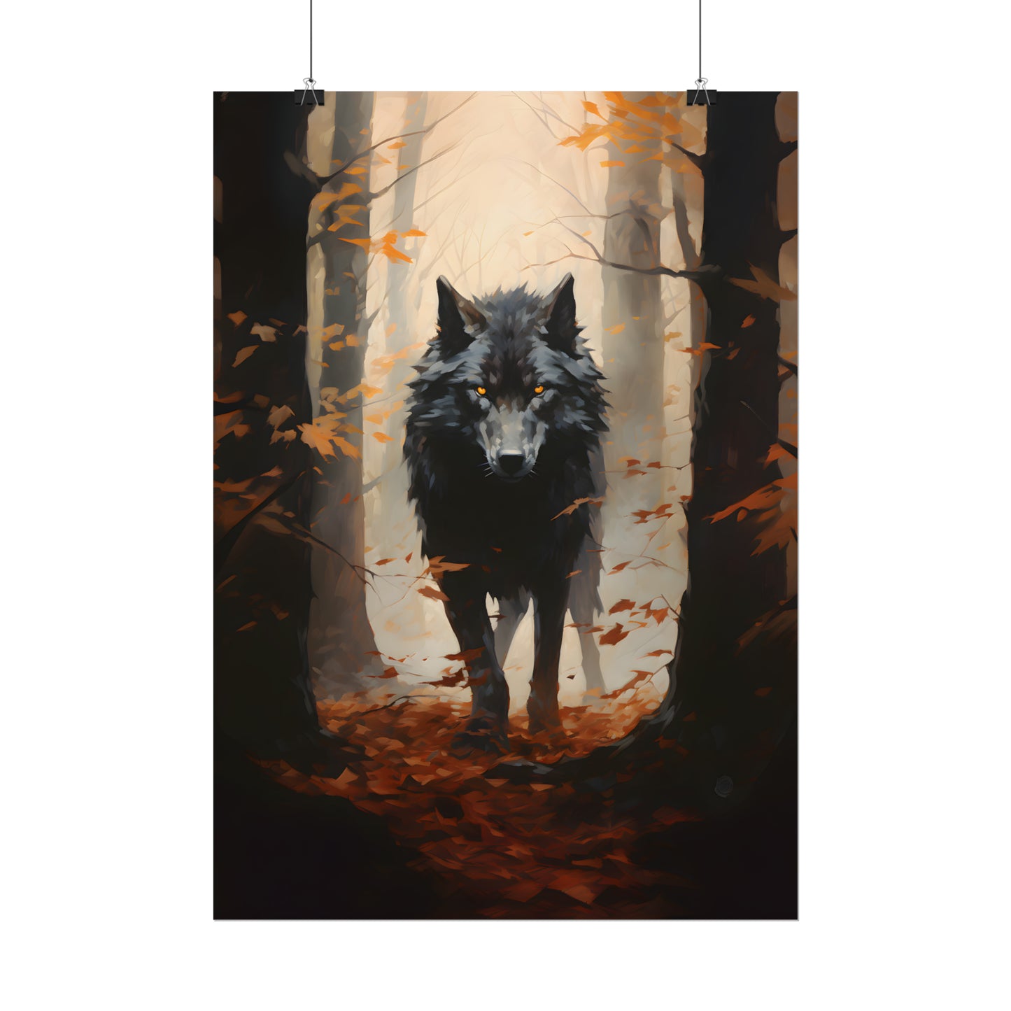 Wolf Poster, Autumn Forest Print, Forest Wall Art, Autumn Leaves, Gothic Home Decor, Wolf Oil Painting Print, Gothic Gift For