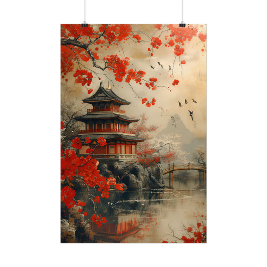 Vintage Japanese Art, Cherry Blossom Wall Art, Asian Landscape Print, Gift For Housewarming, Japan Painting,